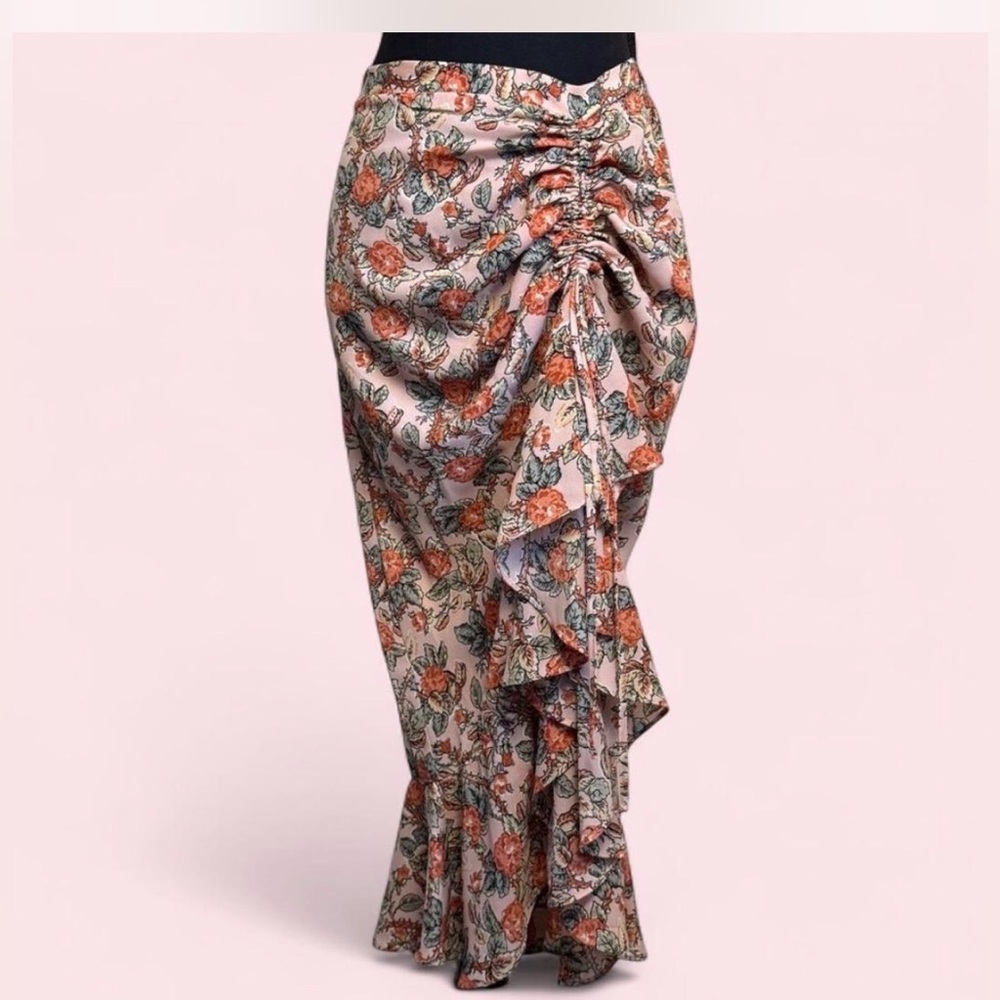 NWT Max Studio Pink Floral Ruched Cascade Maxi Skirt